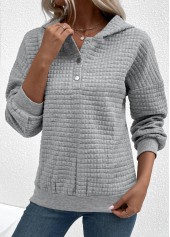 Grey tops,Plain Color tops,ROTITA Grey Long Sleeve Snap Button Jacquard Hoodie