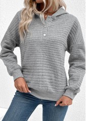 Grey tops,Plain Color tops,ROTITA Grey Long Sleeve Snap Button Jacquard Hoodie