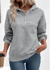 Grey tops,Plain Color tops,ROTITA Grey Long Sleeve Snap Button Jacquard Hoodie