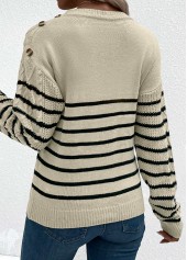 Light Camel tops,Striped tops,Geometric tops,Striped Light Camel Round Neck Long Sleeve Sweater