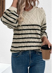 Light Camel tops,Striped tops,Geometric tops,Striped Light Camel Round Neck Long Sleeve Sweater