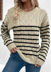 Light Camel tops,Striped tops,Geometric tops,Striped Light Camel Round Neck Long Sleeve Sweater
