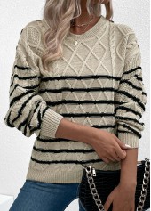 Light Camel tops,Striped tops,Geometric tops,Striped Light Camel Round Neck Long Sleeve Sweater