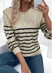 Light Camel tops,Striped tops,Geometric tops,Striped Light Camel Round Neck Long Sleeve Sweater