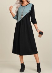ROTITA Patchwork Black A Line Round Neck Long Sleeve Dress