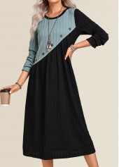 Black dresses,Peacock Blue dresses,Contrast Color dresses,Everyday dresses,Casual dresses,ROTITA Patchwork Black A Line Round Neck Long Sleeve Dress