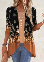 ROTITA Leaf Print Black Long Sleeve Light Cardigan