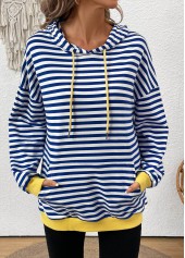 Blue tops,Striped tops,Geometric tops,ROTITA Patchwork Striped Blue Long Sleeve Hoodie