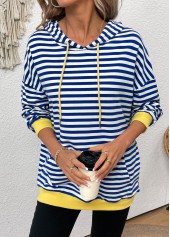Blue tops,Striped tops,Geometric tops,ROTITA Patchwork Striped Blue Long Sleeve Hoodie