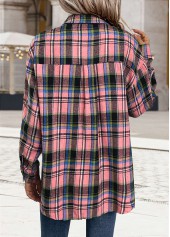 Pink tops,Plaid tops,Geometric tops,ROTITA Tummy Coverage Button Plaid Pink Long Sleeve Shirt