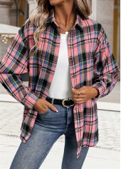 Pink tops,Plaid tops,Geometric tops,ROTITA Tummy Coverage Button Plaid Pink Long Sleeve Shirt