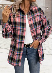 Pink tops,Plaid tops,Geometric tops,ROTITA Tummy Coverage Button Plaid Pink Long Sleeve Shirt