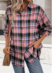 Pink tops,Plaid tops,Geometric tops,ROTITA Tummy Coverage Button Plaid Pink Long Sleeve Shirt