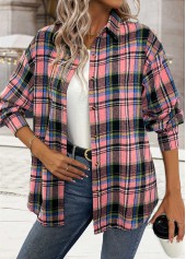 Pink tops,Plaid tops,Geometric tops,ROTITA Tummy Coverage Button Plaid Pink Long Sleeve Shirt