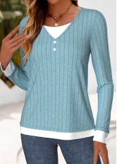 Dusty Blue tops,Contrast Color tops,ROTITA Plus Size Patchwork Light Blue Fake Two Piece Twinset