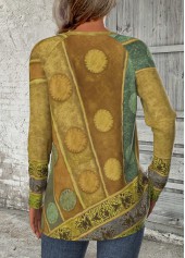 Green tops,Geometric tops,Tribal tops,ROTITA Geometric Print Green Round Neck Long Sleeve T Shirt