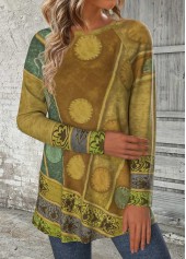 Green tops,Geometric tops,Tribal tops,ROTITA Geometric Print Green Round Neck Long Sleeve T Shirt