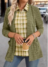 Avocado Green tops,Plaid tops,ROTITA Plaid Avocado Green Shirt Collar Fake Two Piece Twinset