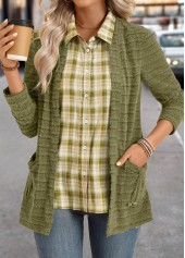 Avocado Green tops,Plaid tops,ROTITA Plaid Avocado Green Shirt Collar Fake Two Piece Twinset