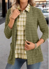 Avocado Green tops,Plaid tops,ROTITA Plaid Avocado Green Shirt Collar Fake Two Piece Twinset