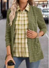 Avocado Green tops,Plaid tops,ROTITA Plaid Avocado Green Shirt Collar Fake Two Piece Twinset