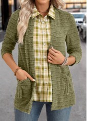 Avocado Green tops,Plaid tops,ROTITA Plaid Avocado Green Shirt Collar Fake Two Piece Twinset