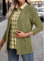 Avocado Green tops,Plaid tops,ROTITA Plaid Avocado Green Shirt Collar Fake Two Piece Twinset
