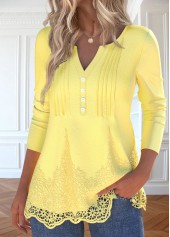 Light Yellow plus size,Plain Color plus size,ROTITA Plus Size Embroidery Light Yellow Split Neck T Shirt