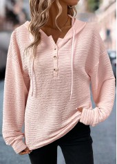 Light Pink tops,Plain Color tops,ROTITA Drawstring Light Pink Long Sleeve Hoodie