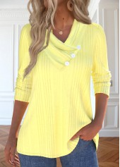 ROTITA Button Light Yellow V Neck Long Sleeve T Shirt
