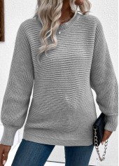 Grey tops,Plain Color tops,Tummy Coverage Grey Round Neck Long Sleeve Sweater