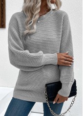 Grey tops,Plain Color tops,Tummy Coverage Grey Round Neck Long Sleeve Sweater