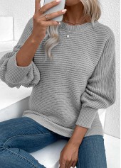 Grey tops,Plain Color tops,Tummy Coverage Grey Round Neck Long Sleeve Sweater