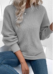 Grey tops,Plain Color tops,Tummy Coverage Grey Round Neck Long Sleeve Sweater