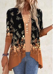 Black plus size,Plants plus size,Ombre plus size,ROTITA Plus Size Ruffle Black Leaf Print Light Cardigan