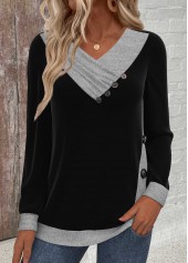 Black tops,Contrast Color tops,ROTITA Button Black V Neck Long Sleeve Sweatshirt