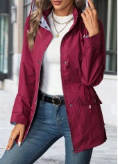 Wine Red tops,Plain Color tops,Lace Up Wine Red Hooded Long Sleeve Trench Coat