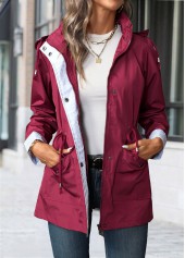 Wine Red tops,Plain Color tops,Lace Up Wine Red Hooded Long Sleeve Trench Coat