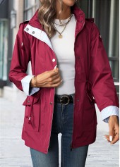 Wine Red tops,Plain Color tops,Lace Up Wine Red Hooded Long Sleeve Trench Coat