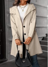Beige tops,Plain Color tops,Drawstring Beige Hooded Long Sleeve Trench Coat