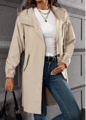 Beige tops,Plain Color tops,Drawstring Beige Hooded Long Sleeve Trench Coat