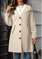 Beige tops,Plain Color tops,Drawstring Beige Hooded Long Sleeve Trench Coat