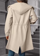 Beige tops,Plain Color tops,Drawstring Beige Hooded Long Sleeve Trench Coat