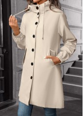 Beige tops,Plain Color tops,Drawstring Beige Hooded Long Sleeve Trench Coat