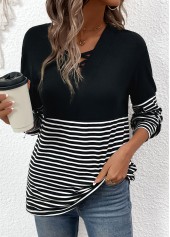 Black tops,Striped tops,Geometric tops,ROTITA Criss Cross Striped Black V Neck T Shirt