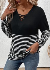 Black tops,Striped tops,Geometric tops,ROTITA Criss Cross Striped Black V Neck T Shirt
