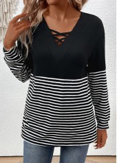 Black tops,Striped tops,Geometric tops,ROTITA Criss Cross Striped Black V Neck T Shirt