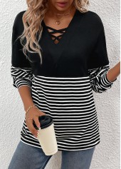 Black tops,Striped tops,Geometric tops,ROTITA Criss Cross Striped Black V Neck T Shirt