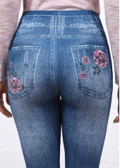 Denim Blue bottoms,Floral bottoms,Denim-Effect Print bottoms,Denim-effect Print Denim Blue High Waisted Elastic Waist Leggings