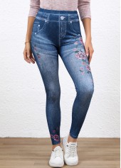 Denim Blue bottoms,Floral bottoms,Denim-Effect Print bottoms,Denim-effect Print Denim Blue High Waisted Elastic Waist Leggings
